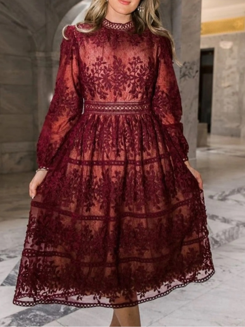 Ivy City Co Burgundy Lace Midi Dress